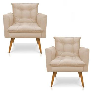 Imagem de Kit 2 Poltronas Tais Suede Bege Pés Palito Castanho - D'Rossi - DROSSI