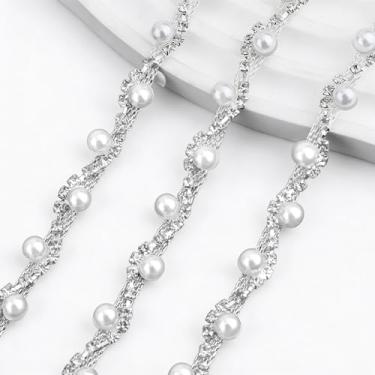 Imagem de Acabamento de franja de strass de 1 jarda de pérola, acabamento de corrente de pérolas de strass, corrente de diamante de cristal de prata com contas para costura, artesanato, casamento, vestido de