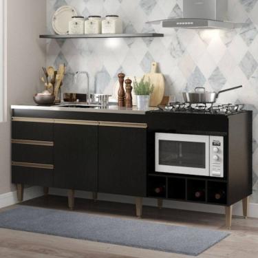 Imagem de Kit Armário De Cozinha Para Pia 120cm E Balcão Para Cooktop 4 Bocas Menu Móveis Preto