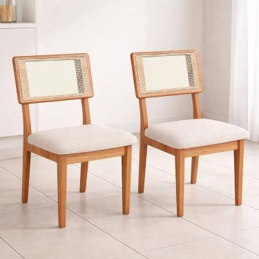 Imagem de Kit 2 Cadeiras de Jantar Assento Estofado em Tecido de Linho com Encosto em Tela Mdf Freijó / Bege Rústico