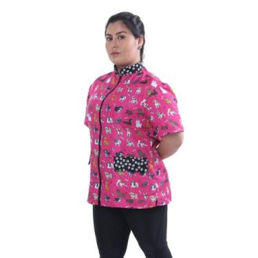 Imagem de Jaleco Groomer Feminino Pink Estampado Cachorro  Detalhe Patinha Unifo
