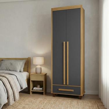 Imagem de Guarda Roupa Dubai 2 Portas 1 Gaveta Prateleiras Nichos Compacto Quarto Solteiro - Cinamomo/grafite