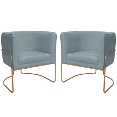 Imagem de Kit 02 Poltronas Decorativas Betina Base Aço Ouro Fosco Bouclé Azul Claro - Nexta Casa