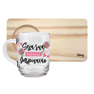 Imagem de Caneca de Vidro Seja Sua Inspiração Tpc para Presente com Suporte de Madeira em Pinus p...