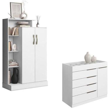 Imagem de Kit Cômoda Sapateira Sevilha e Armário Florença 3 Portas MDF Branco Aramóveis