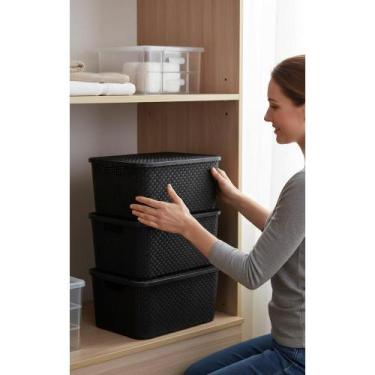 Imagem de 2x Kit 3 Caixas Organizadoras 20L com Tampa Preta Rattan - Congratulat