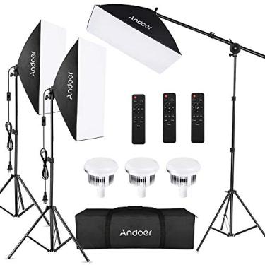 Imagem de Andoer Kit de iluminação para fotografia Softbox Equipamento profissional de estúdio com softbox de 50,8 x 71,1 cm, 2800-5700K 85W lâmpada de temperatura bicolor com controle remoto, suporte de luz, braço de apoio para fotografia de produtos retratos