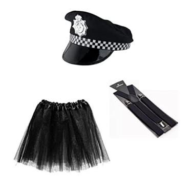 Imagem de Fantasia de Policial Feminina C/Quepe Preto e Branco Saia 35 Cm e Suspensório