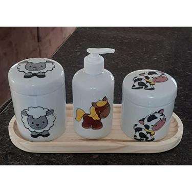 Imagem de Kit higiene bebê 4 peças Fazendinha - Bandeja, potes e porta álcool - Peças porcelana bandeja pinus
