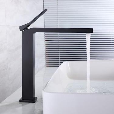 Imagem de Torneira de lavatório escova de ouro preto cromado torneira de lavatório fria e quente latão misturador torneira de pia torneira de água montada no convés, preto alto