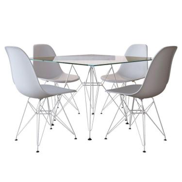 Imagem de Conjunto Jantar De Ferro Branco E Tampo Quadrado Vidro 90Cm 4 Cadeiras Branca