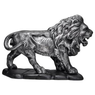 Imagem de Leão Andando Em Pé Base Estátua Decorativa Escultura Animal (Prata/Base Preta)