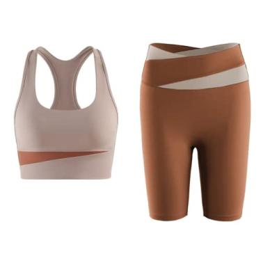 Imagem de RIDENEEY Conjunto de duas peças moda roupa de ioga linda parte de trás sutiã de ioga feminino exercício respirável sutiã esportivo leggings terno (marrom café, GGG)