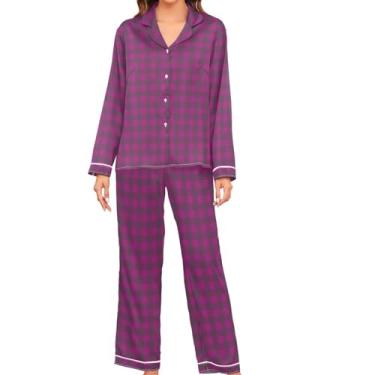Imagem de JUNZAN Pijama feminino xadrez creme búfalo manga longa cetim 2 peças pijama de botão roxo conjuntos de pijamas femininos, Roxa, G