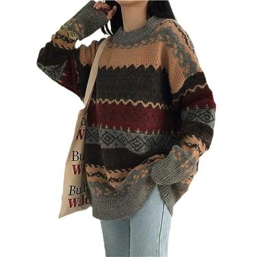 Imagem de Suéter vintage feminino tricotado pulôver listrado inverno suéter casual feminino manga longa tricô tops quentes, Cinza, M