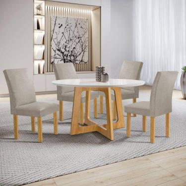 Imagem de Conjunto Mesa Arizona 120cm com 4 Cadeiras Canela Tampo Redondo Plus com Vidro Cinamomo/Off White/Bege Claro
