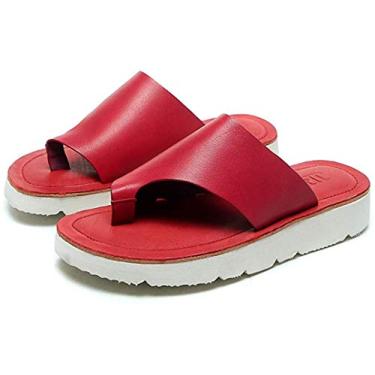 Imagem de Chinelo feminino plataforma tanga sandália feminina sem cadarço bico plano respirável salto baixo mules chinelos de caminhada, Vermelho, 38