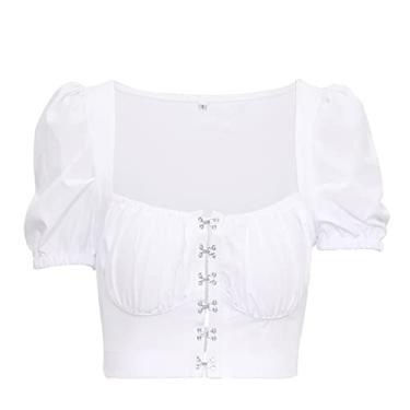 Imagem de Blusas femininas modernas justas de manga curta com estampas para sair, blusas casuais de verão, camisetas de ioga, túnica de trabalho, Branco, P