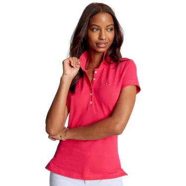 Imagem de Tommy Hilfiger Camisa polo feminina de malha de algodão stretch de manga curta, PinkSplendor, GG, Pink Splendor, GG