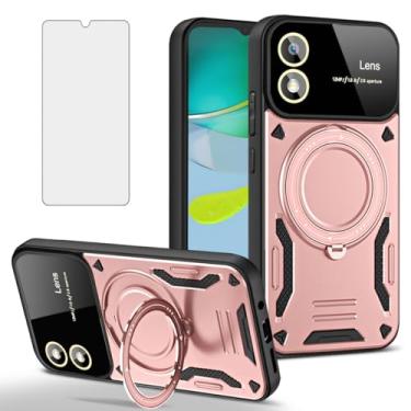 Imagem de Capa de telefone para Motorola Moto E13 4G 6,5 polegadas com tela de vidro temperado alça de pulso capa protetora resistente 360° anel invisível giratório fino suporte militar Moto E13 4G meninas rosa