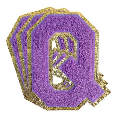 Imagem de 3 peças de remendos de letras de chenille roxo glitter ferro em remendos de letras universitárias remendo bordado de chenille costurar em remendos para roupas chapéu bolsas jaquetas camisa (roxo, Q)