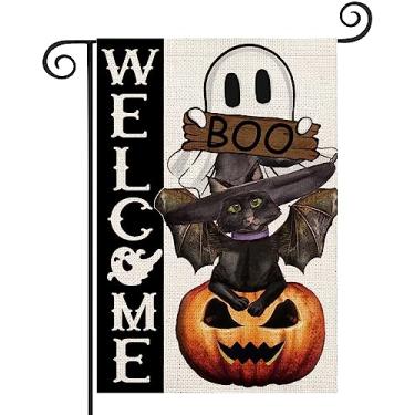 Imagem de Asamour Halloween Ghost Boo Bat Pumpkin Garden Flag 32,5 x 18 polegadas Bem-vindo sazonal mini bandeiras de serapilheira verticais dupla face para fora, outono fazenda quintal gramado ao ar livre