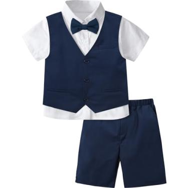 Imagem de A&J DESIGN Conjunto de terno curto para meninos 3 peças roupa formal de cavalheiro infantil, 4-11 anos, camisa + colete + shorts + gravata borboleta, Azul marino, 10-11 anos