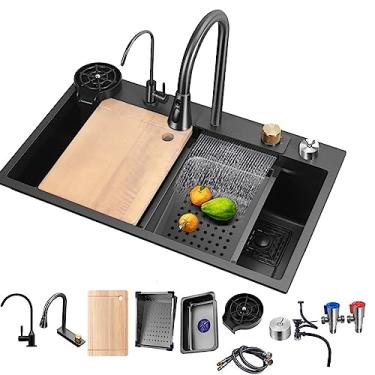 Imagem de ARTLINE Pia de cozinha preta com tigela única, pia de cachoeira de aço inoxidável, pia de bar com lavadoras de copos, pia de estação de trabalho de fazenda suspensa com vários acessórios (80 x 45 cm)