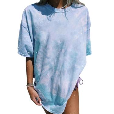 Imagem de SOFIA'S CHOICE Camisetas femininas grandes tie dye gola redonda manga curta casual verão, Azul, branco, P