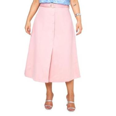 Imagem de Saia Midi Feminina Plus Size com Cinto Fenda Frontal Botões em Linho com Elastano Elegante Casual-Feminino