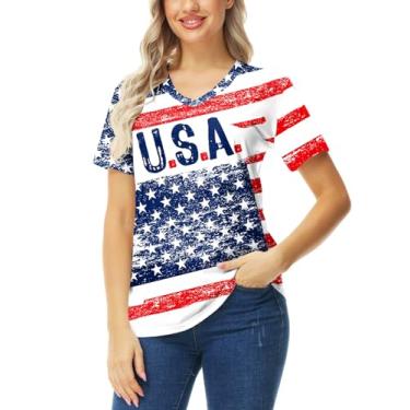 Imagem de AOBUTE Camiseta feminina Mardi Gras gola V manga curta verão tops, U.s.a. Bandeira, P