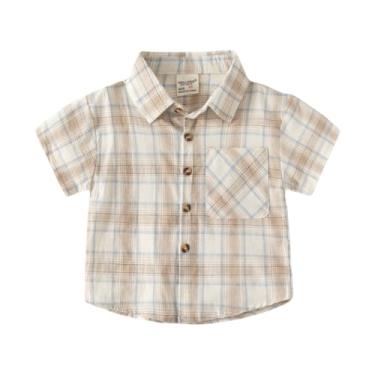 Imagem de Yueary Camiseta masculina casual manga curta clássica xadrez abotoada camiseta unissex algodão infantil moda verão 2024, Cáqui, 120/4-5 Y