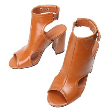 Imagem de MEOTINA Sandálias femininas salto bloco primavera elegantes botas peep toe verão gladiador sandalias, Fivela marrom, 42