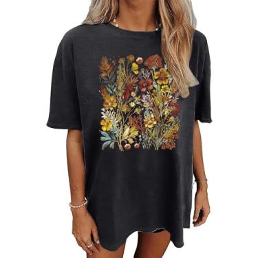 Imagem de CAZYCHILD Camisetas estampadas femininas grandes com estampa de flores, boêmio, flores silvestres, casual, verão, tops, Cinza-escuro, XXG