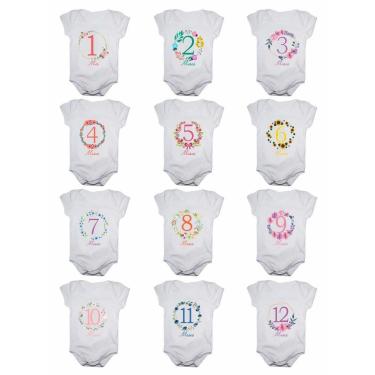 Imagem de Kit body bebê mesversario manga curta flores 12 bodies 1 a 12 meses-Feminino