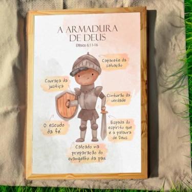 Imagem de Quadro Infantil Decorativo Cristão Gospel; A Armadura de Deus; Efésios 6:11-17; Quadros bíblicos; Versículos Bíblicos; Presente criativo; Quadro com Mensagem Motivacional; Motivação; Evangélico. (Ilustração Menina, 21x30, Crua)