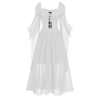 Imagem de Masbird Vestido medieval para mulheres, fantasias de Halloween, vestidos góticos renascentistas, ombros de fora, vestidos de renda e manga morcego 2024, Branco, 3G