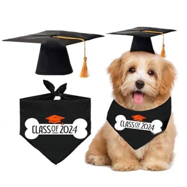 Imagem de Boné de formatura para cães e bandana 2024 | Boné e vestido de formatura para filhote de cachorro 2024 | Babadores triangulares pretos para festa fantasias de cosplay conjunto de óculos acessório