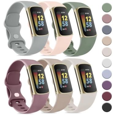 Imagem de Tobfit Pacote com 6 pulseiras esportivas compatíveis com Fitbit Charge 6/Fitbit Charge 5 para mulheres e homens, pulseiras de substituição de silicone macio à prova d'água, compatíveis com Fitbit Charge 5/Charge 6 Fitness Tracker, grande