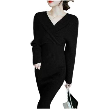 Imagem de Vestido de malha primavera outono tricô suéter vestido longo feminino com decote em V manga completa sem costas vestido de malha chique e elegante vestidos de escritório femininos, preto, ta