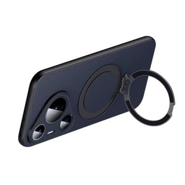 Imagem de HAO RIYLN Capa magnética para Huawei Pura 70 Ultra/70 Pro/70, capa de couro genuíno para negócios de luxo com suporte de anel, capa de proteção total da lente, azul, 70 Pro