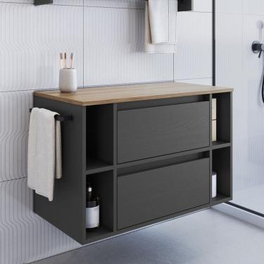 Imagem de Gabinete de Banheiro Suspenso 80cm com 4 Nichos 1 Toalheiro 1 Porta 1 Gaveta Bh8010 Mel/Grafite