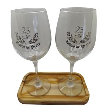Imagem de META ATACADO, Kit 2 Taças Bandeja Bodas Prata 25 Anos Personalizada Vinho