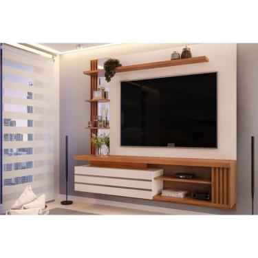 Imagem de Painel Quarto p/ TV até 55 Pol Marin c/ 1 Porta e Torre Ripada 160x153cm Off White/Freijó - DJ Móveis