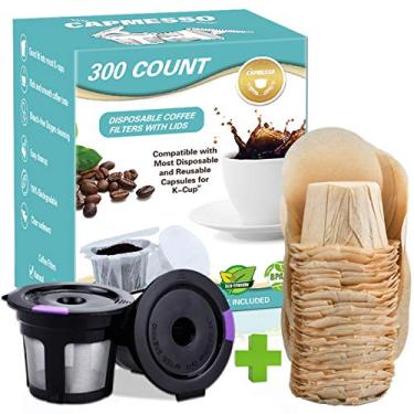 Imagem de 300 filtros de papel cru com tampa e 2 cápsulas de filtro Kerig reutilizáveis, filtros descartáveis CAPMESSO Kerig filtros de café de dose única compatíveis com cafeteira Keurig 2.0 e 1.0
