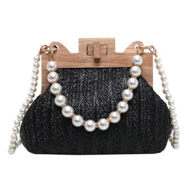Imagem de Bolsas de praia de palha para mulheres bolsa transversal de palha de verão bolsa de mão ráfia bolsas de ombro bolsa de ombro bolsa em forma de concha 2025, Preto