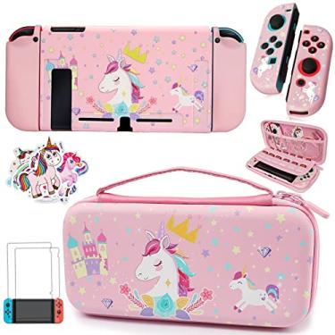 Imagem de Trunple Estojo De Transporte De Unicórnio Rosa Compatível Com Nintendo Switch (Não Oled Ou Lite) Com Capa Protetora Acoplável + Protetor De Tela + Adesivos De Unicórnio, Kit De Acessórios De Estojo