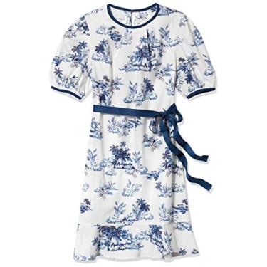 Imagem de Donna Morgan Vestido feminino pequeno, manga bufante, cinto de gorgorão, algodão elástico, popelina, cintura caída, Azul-marinho/branco, 48