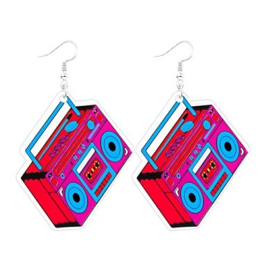 Imagem de Palotay Brincos de fita cassete dos anos 70, 80, brincos de neon, brincos de acrílico, para roupas dos anos 80, 90, brincos de relâmpago de Halloween para acessórios dos anos 80, Metal, Sem pedra