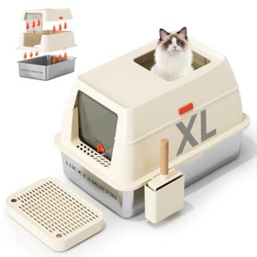 Imagem de Caixa de areia para gatos de aço inoxidável premium 3 em 1 com tampa removível, caixa de metal extra grande de alta face fechada XL para gatinho grande com colher, entrada superior, controle de odor,